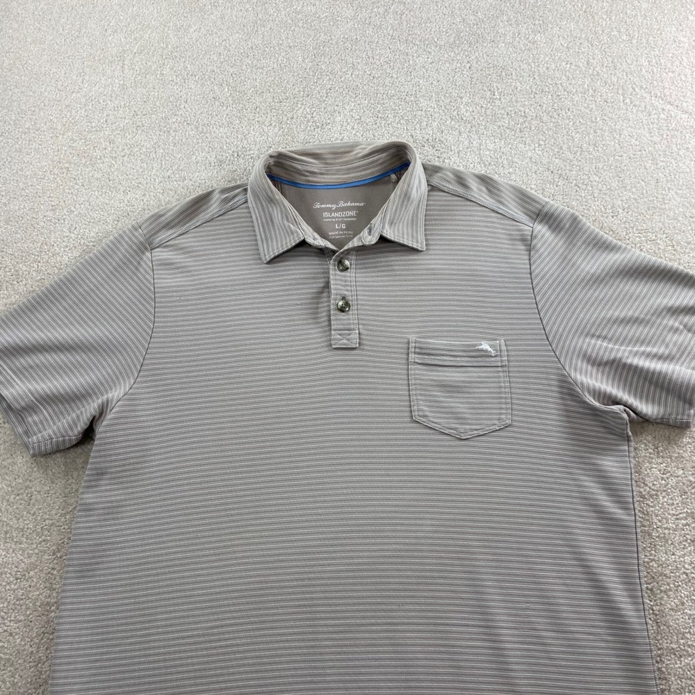 Tommy Bahama IslandZone Polo Mens Large Gray Striped Pima Cotton Blend Pocket